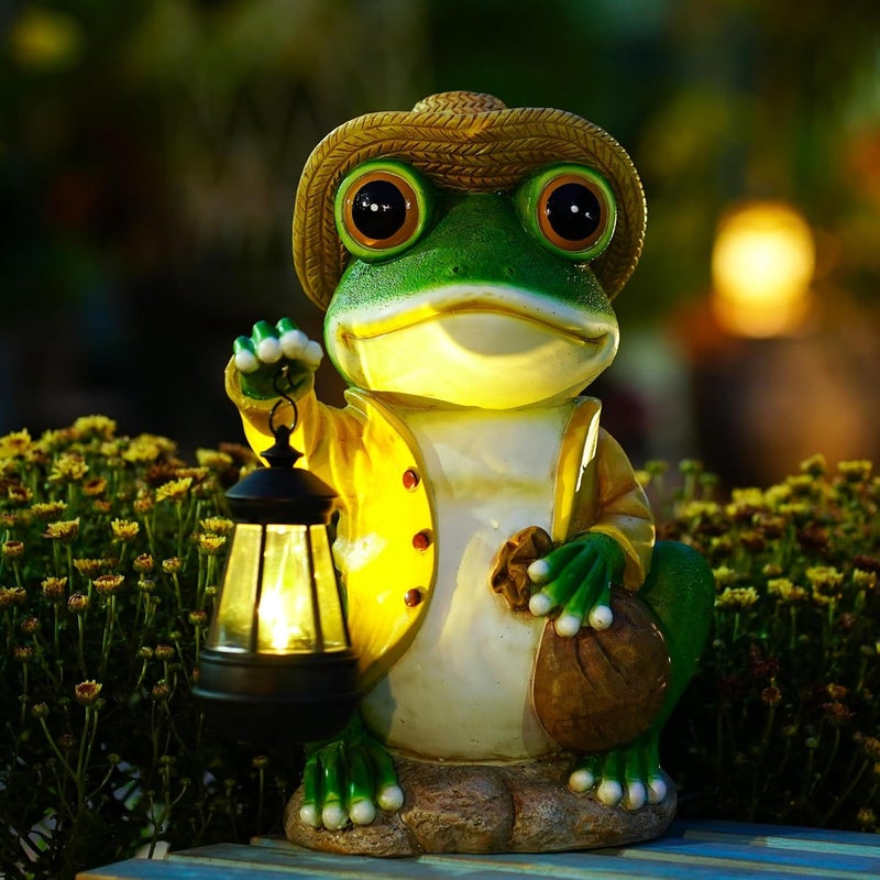 Pohabery Large Frog Garden Statue, 13.3 Inches Tall, Resin Frog Decor with Solar Lantern for Outdoor Decoration and Housewarming - Image 1